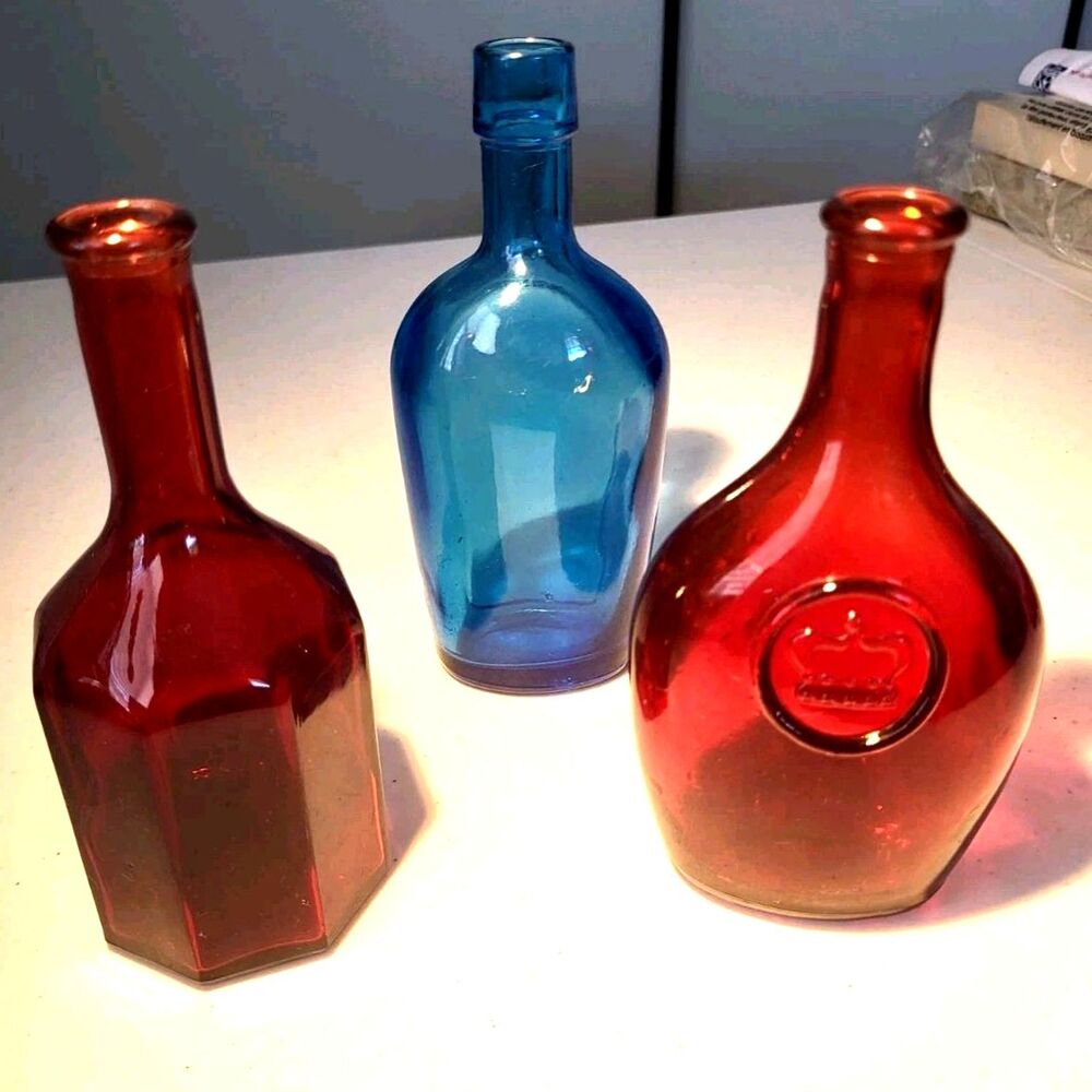 Lot 3 Vtg Wheaton Mini Apothecary Bottles Red Crown, Red Octogan, Cobalt Blue